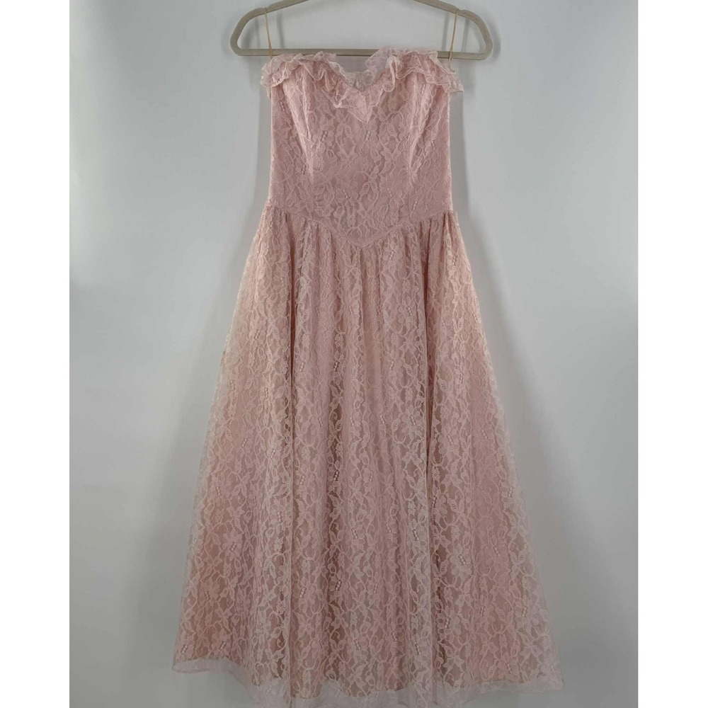 1980's Jessica McClintock Strapless Victorian Dress Size 7 GUNNE SAX Pink Lace